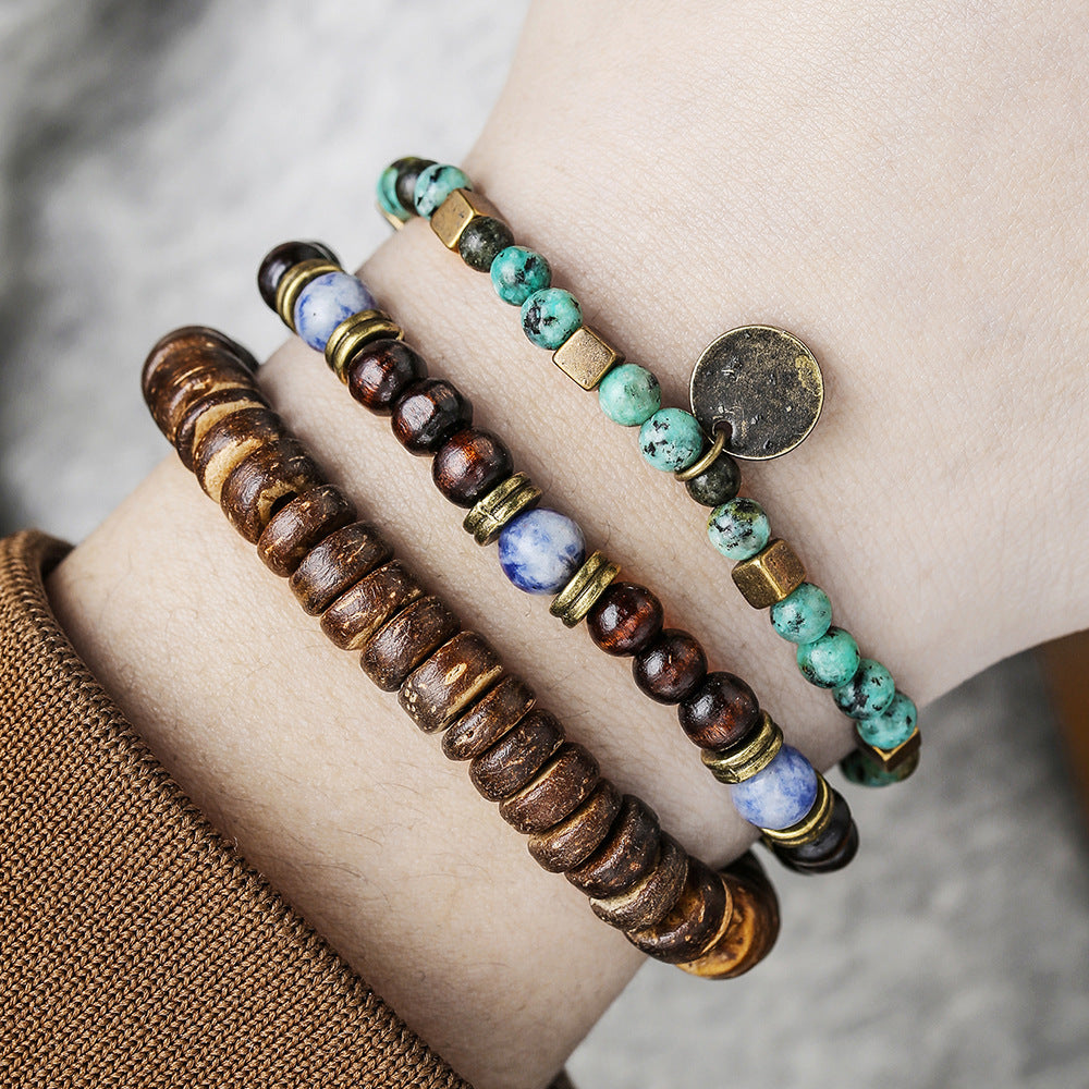 Bohemian Geometric Wood Bead and Turquoise Stretch Bracelet for Men and Women