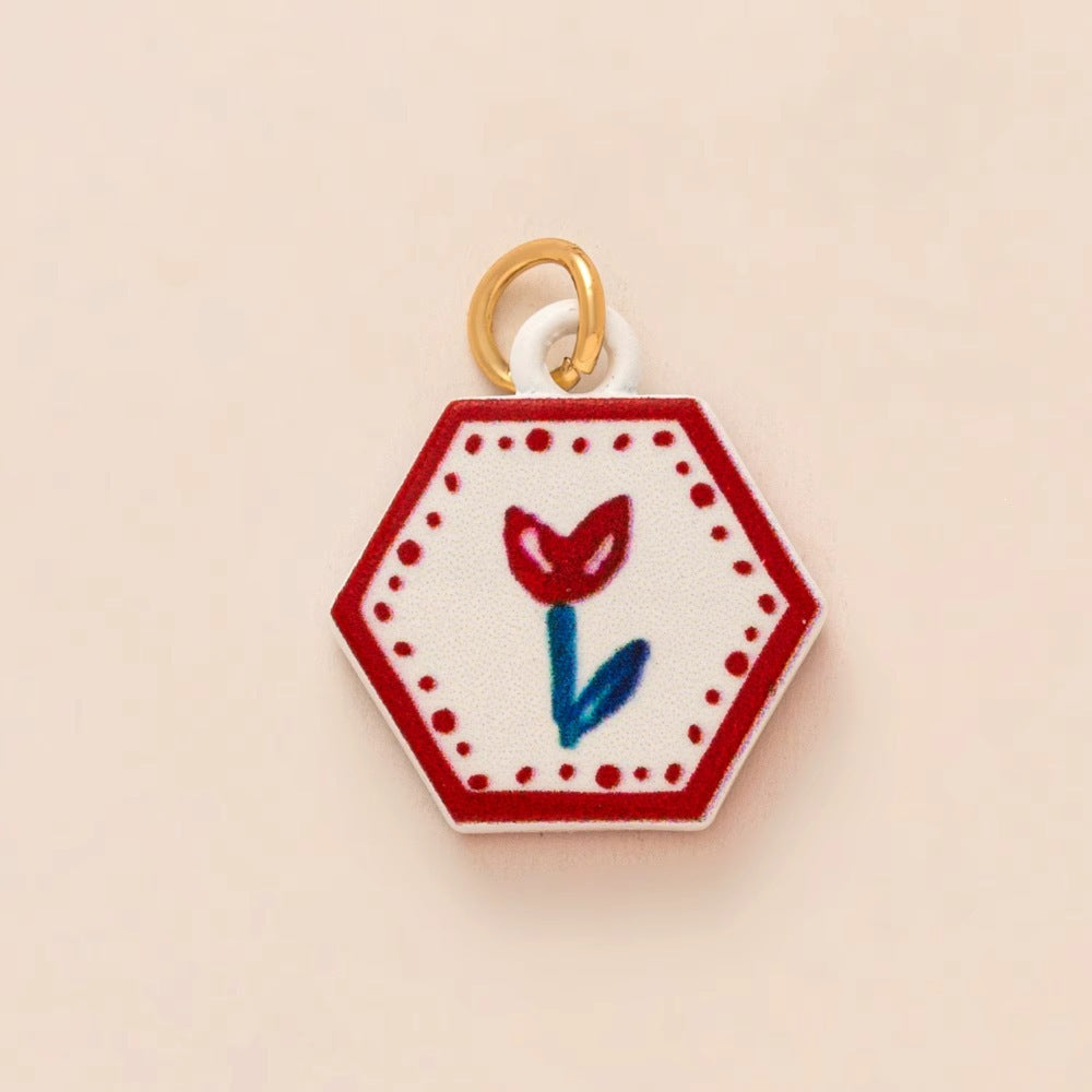 Vintage Sweet Hand-Painted Floral Heart Enamel Brass Shoe Charm