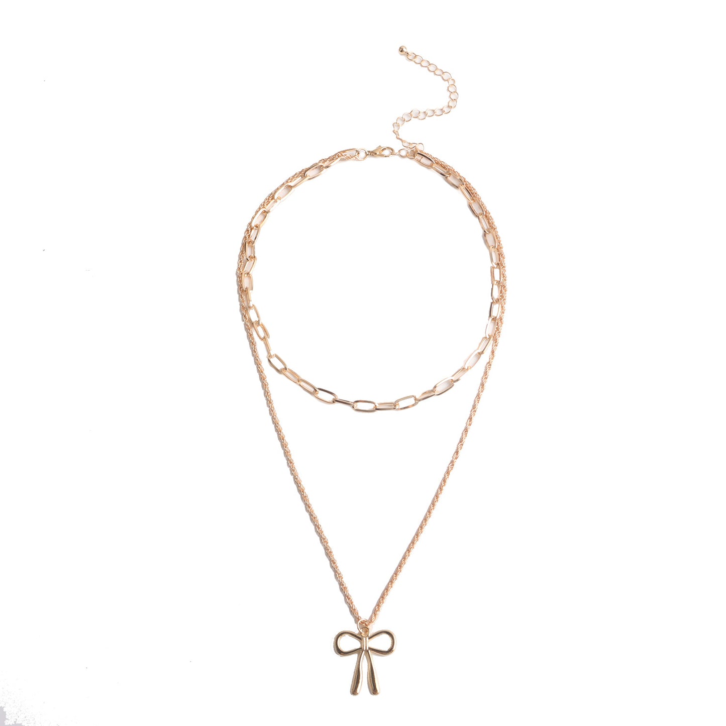 Punk Style Bow-Shaped Alloy Pendant Necklace with Plated Finish and Double-Layer Cross Chain