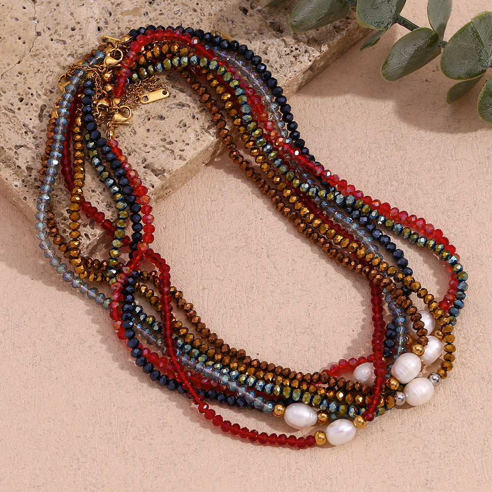 Collar con colgante vintage minimalista geométrico de acero inoxidable con perlas de agua dulce y cuentas de cristal oscuro para mujer