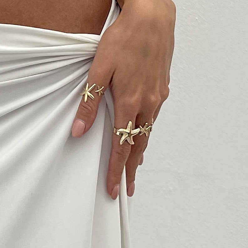 Geometric Starfish Plated Zinc Alloy Adjustable Ring Set for Women
