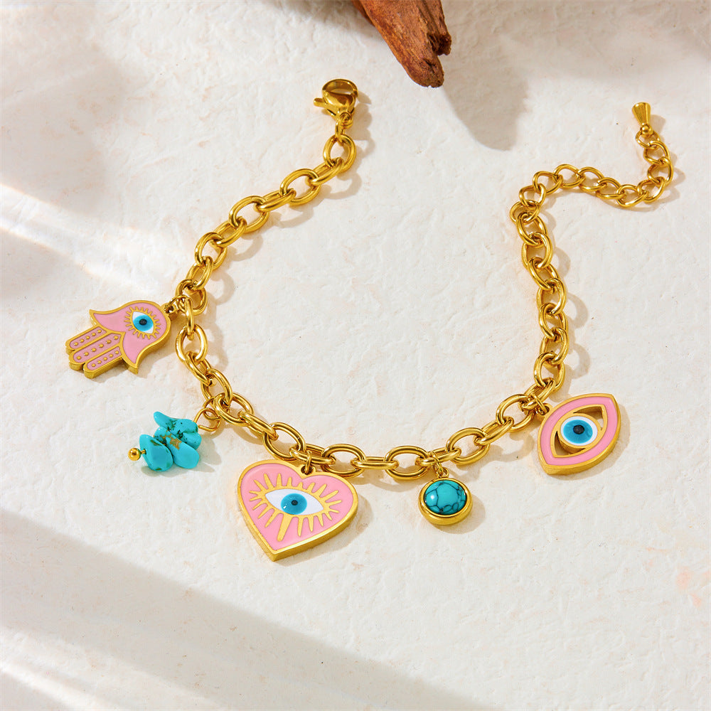 Fashion Drip Oil Pink Heart Eye Turquoise Pendant Stainless Steel Necklace Earring Bracelet Set for Women