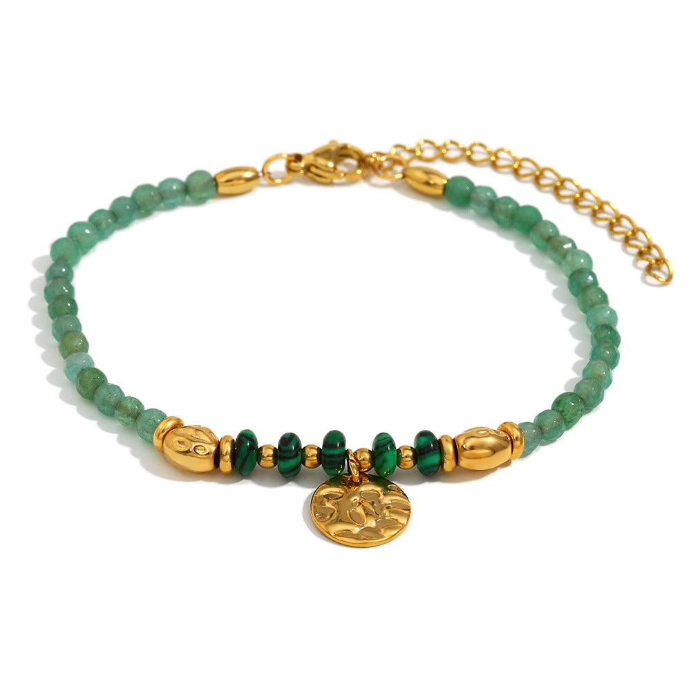Vintage-Inspired Geometric Stainless Steel 18K Gold Plated Coin Bracelet with Natural Stone for Women