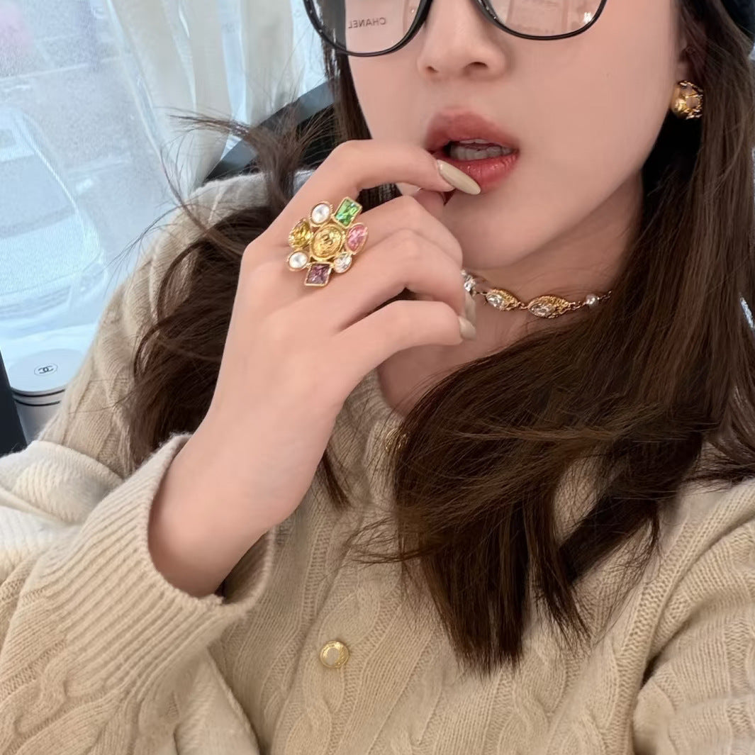 Vintage Elegant Letter Floral Gold Plated Brass Crystal Ring for Women