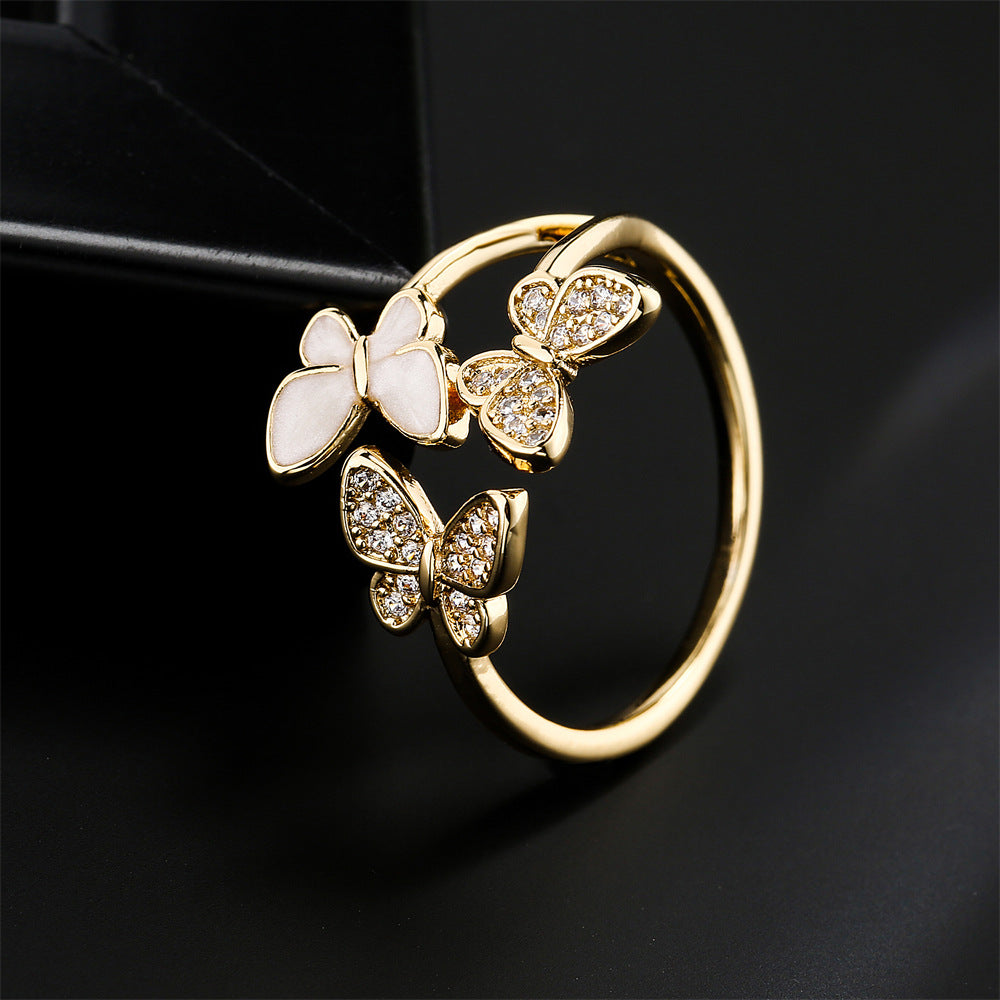18K Gold Plated Brass Micro-Inlaid Cubic Zirconia Butterfly Ring for Women