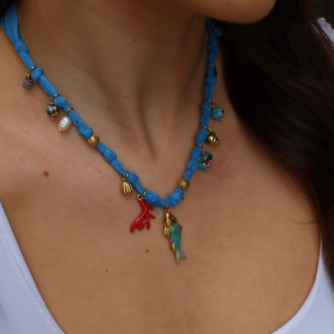 Fashion 18K Gold Plated Copper Heart Baroque Pearl Shell Coral Fish Pendant Necklace for Women