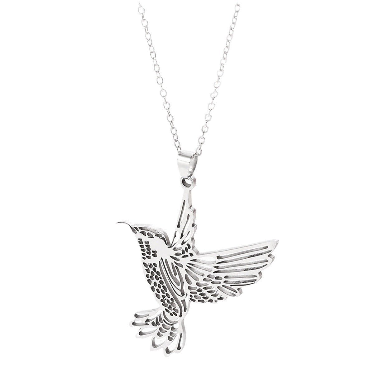 Elegant Hummingbird Pendant Necklace in Stainless Steel with Polished Finish, Geometric Silhouette, Floral Daisy Accent, Minimalist and Feminine Style