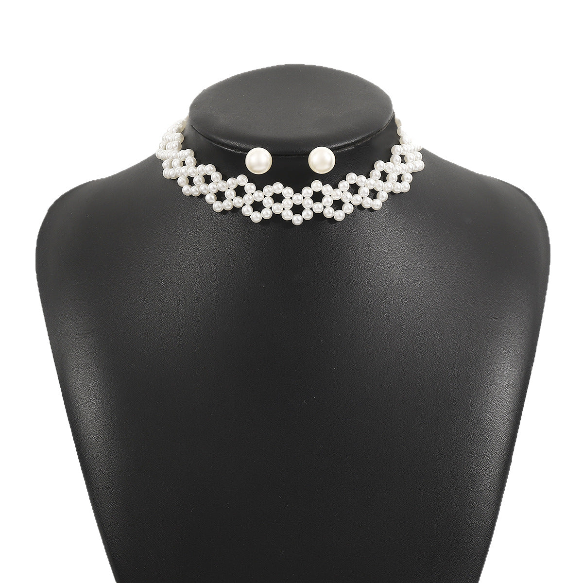 Elegante set collana girocollo e orecchini a perno da donna con perle e design con intarsi di perle dall'estetica naturale