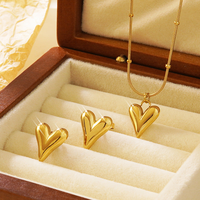 Minimalist Stainless Steel Heart Teardrop Necklace Earring Set with Snake Chain