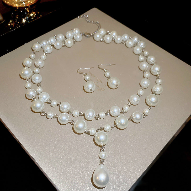Collar con colgante de perlas de estilo vintage francés con pendientes de gancho para mujer, delicada cadena de clavícula, joyería de lujo minimalista