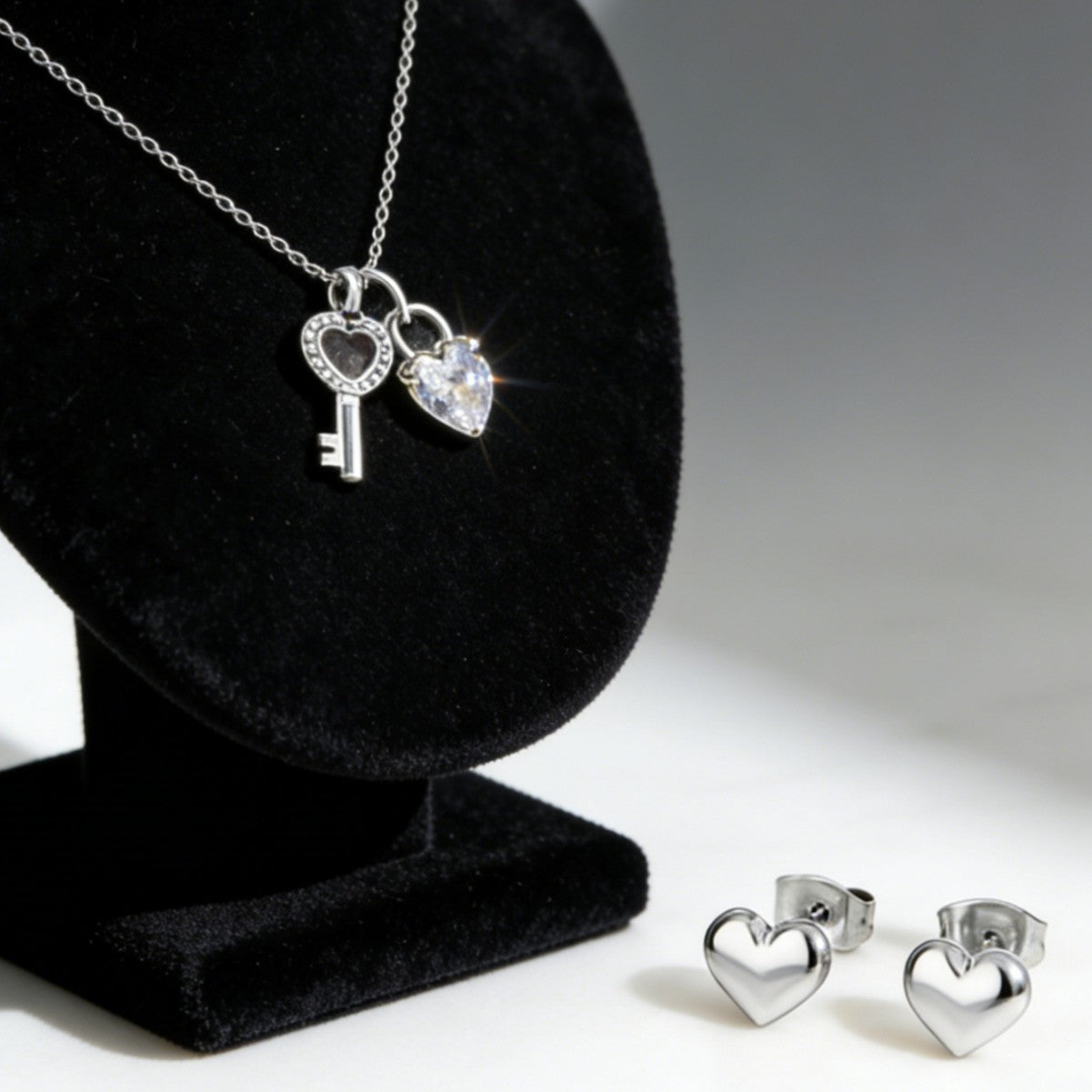 Minimalist Stainless Steel Heart Key Necklace and Earring Set Plated Jewelry for Women