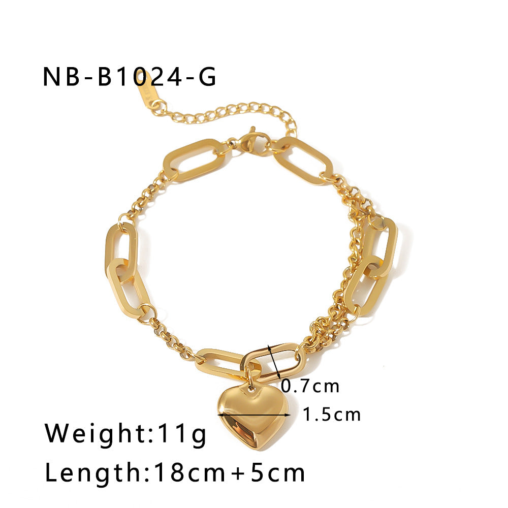 Minimalist Heart-Shaped Stainless Steel Bracelet with 18K Gold Plating for Women