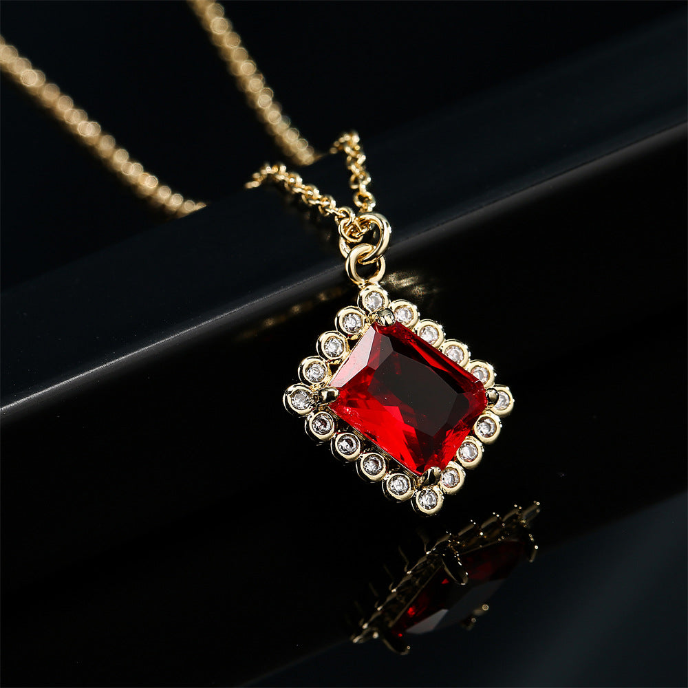 INS Style Geometric Green Zircon Pendant Necklace for Women with Copper Base and 18K Gold Plating