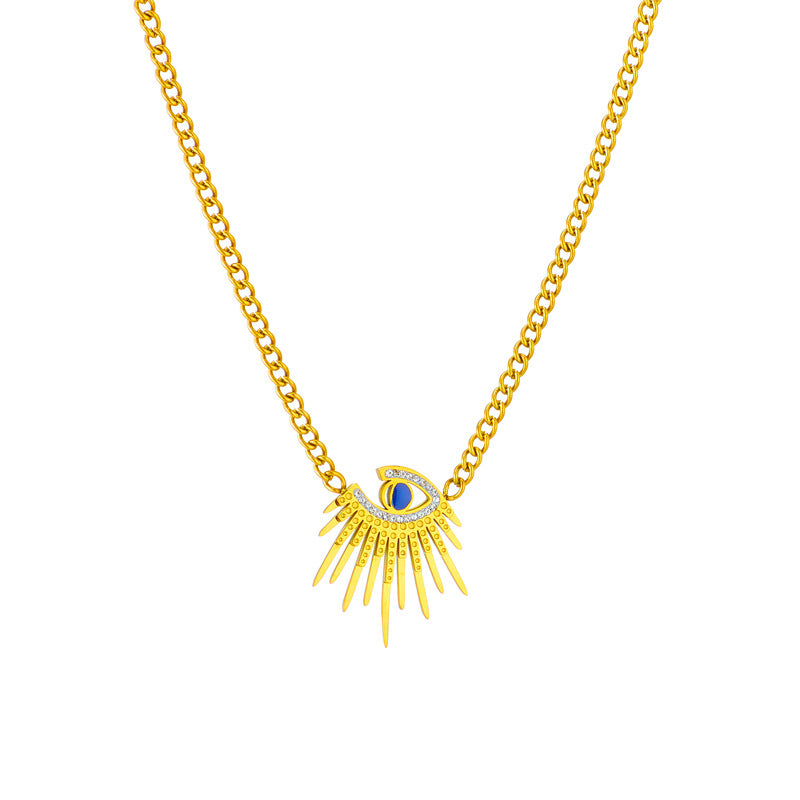 Irregular Sun Demon Pendant Necklace with Blue Enamel Eyes and Rhinestone Inlay in Titanium Steel for Women