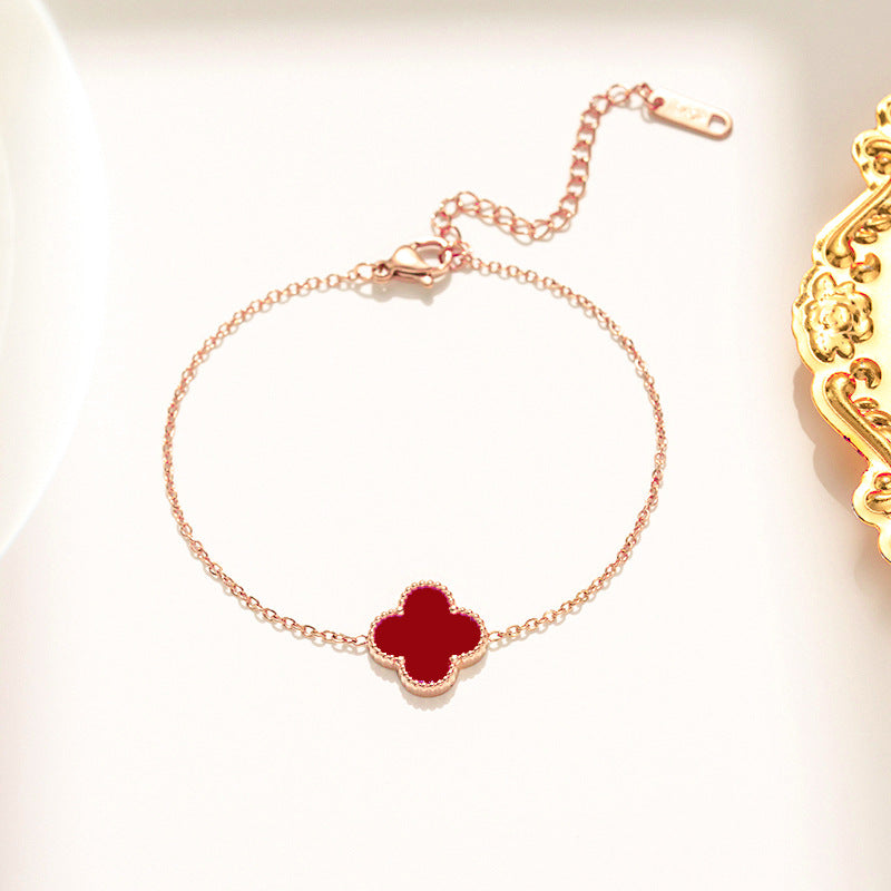 Minimalist Four-Leaf Clover Bracelet in Titanium Steel with Electroplated Finish for Women and Unisex Wear
