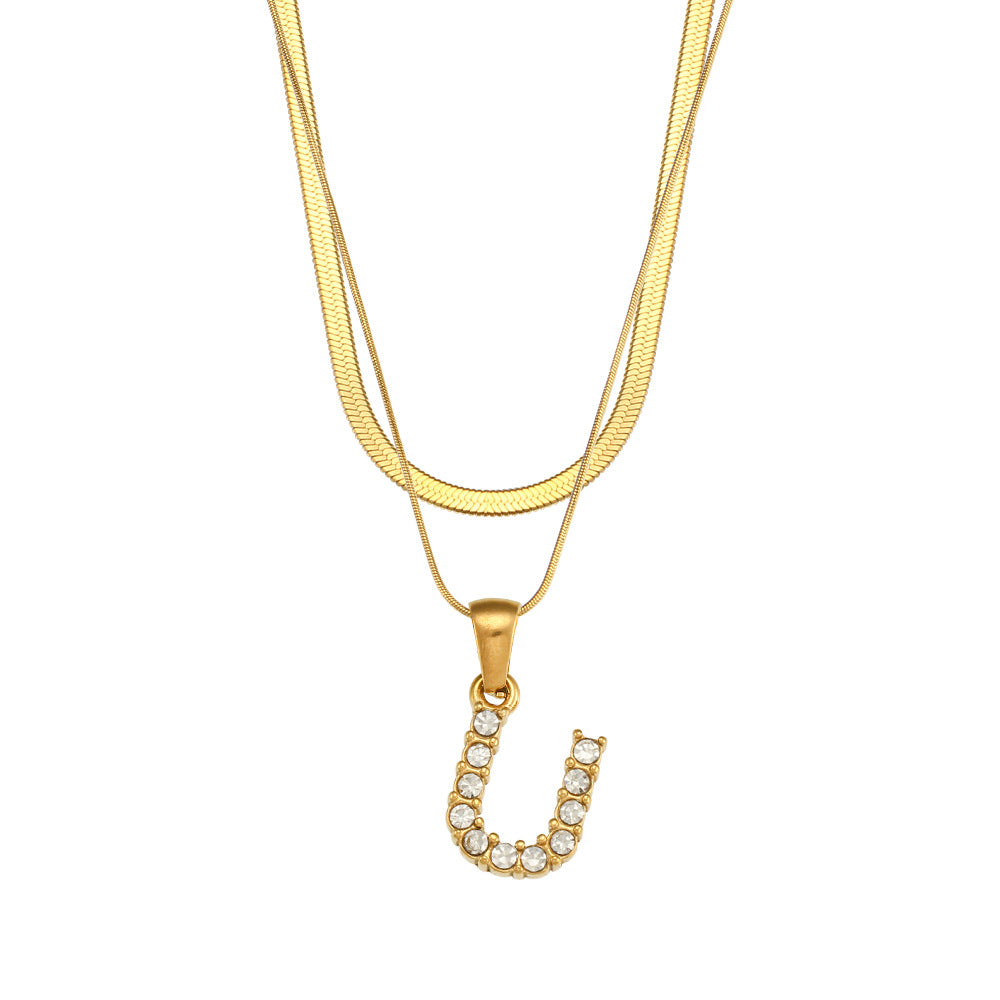 Fashionable Minimalist Letter Pendant Necklace in Stainless Steel with 18K Gold Plating and Cubic Zirconia on Double Snake Chain for Women