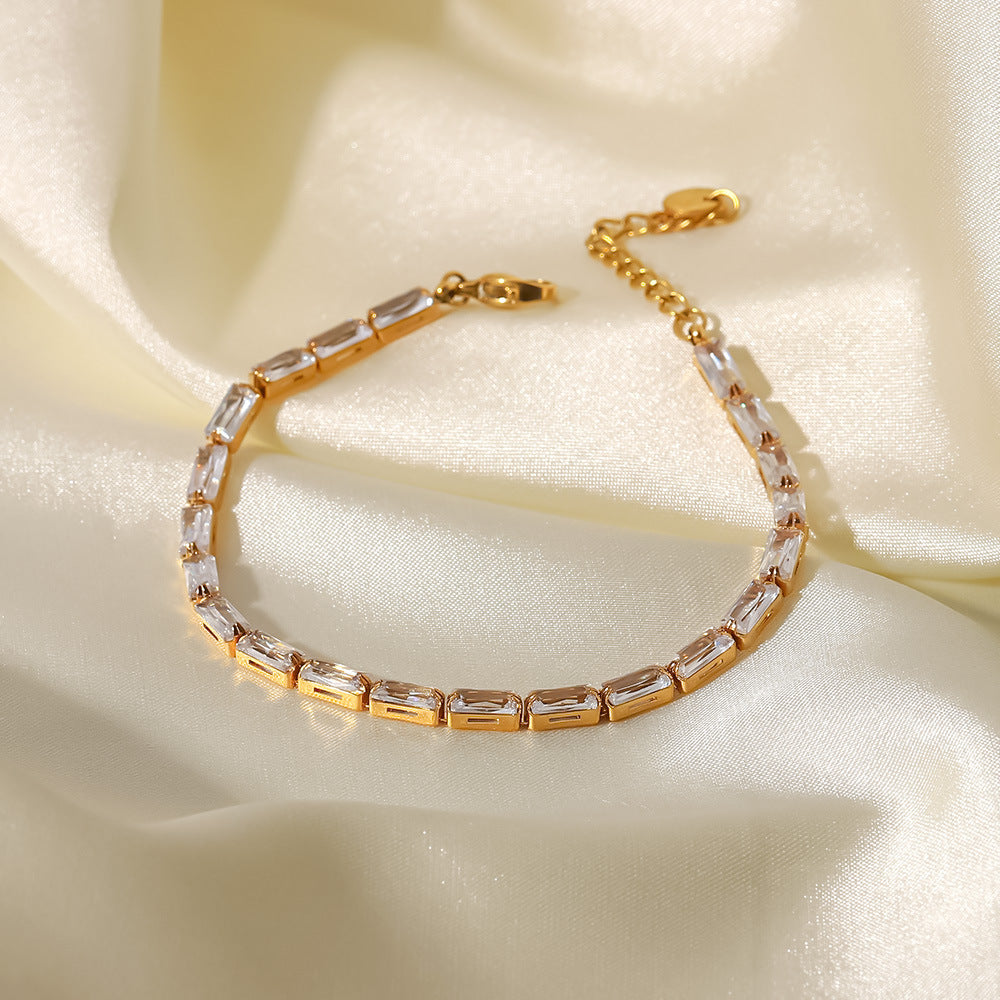 Fashionable 18K Plated Stainless Steel Geometric Square Zircon Bracelet for Women