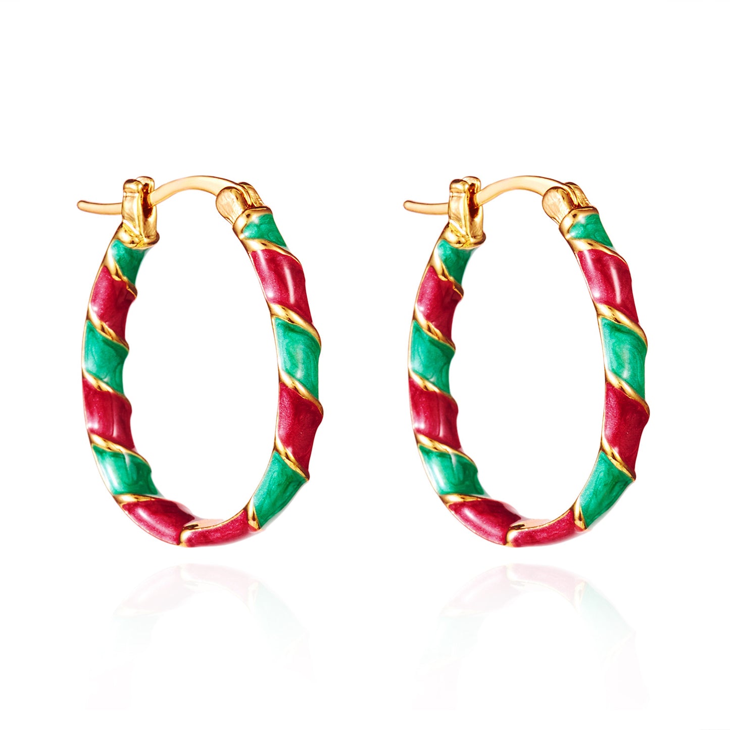 Orecchini a Cerchio Natalizi Geometrici da Donna in Lega con Finitura Galvanizzata, Design Ritorto Festivo Rosso e Verde