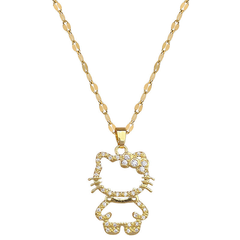 Sweet Minimalist Geometric Cat Rhinestone Pendant Titanium Steel Necklace for Unisex