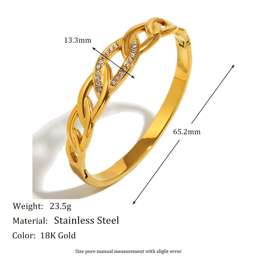 Fashionable Geometric Eye-Shaped Stainless Steel Bracelet with 18K Gold Plating and Zircon Inlay