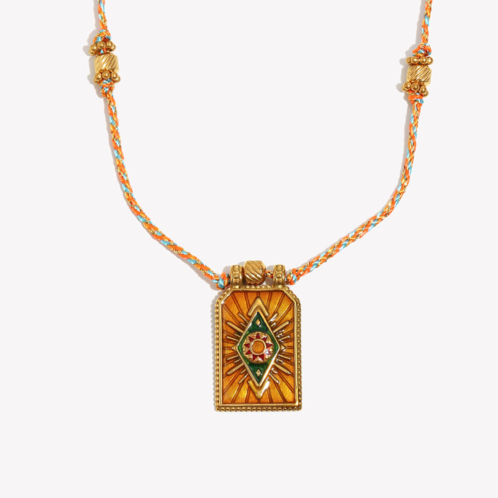 Minimalist Geometric Stainless Steel Plated 18K Gold Handwoven Colorful Cord Eye Charm Necklace for Women