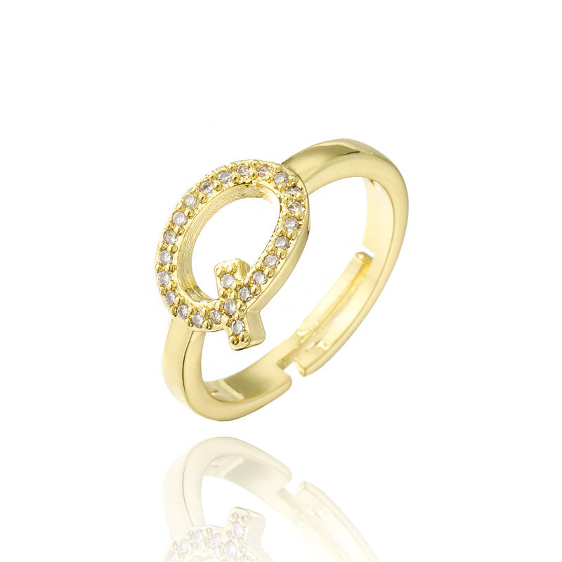 Fashion 18K Gold Plated Brass Micro-inlay Letter Ring Adjustable Open Band for Women
