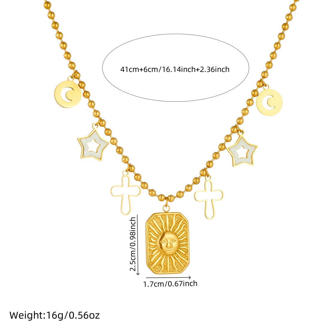 Vintage Luxury Gold Plated Geometric Star Moon Cross Stainless Steel Pendant Ball Chain Necklace for Women