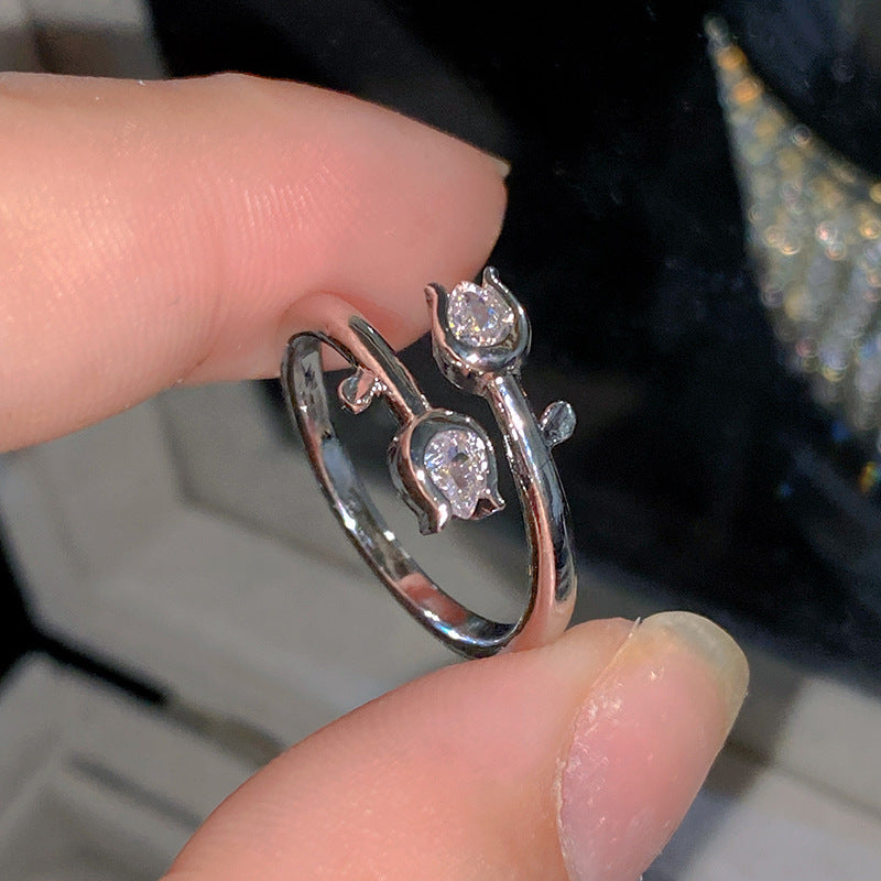 Sweet Elegant Heart Butterfly Brass Ring with Cubic Zirconia Handmade Adjustable