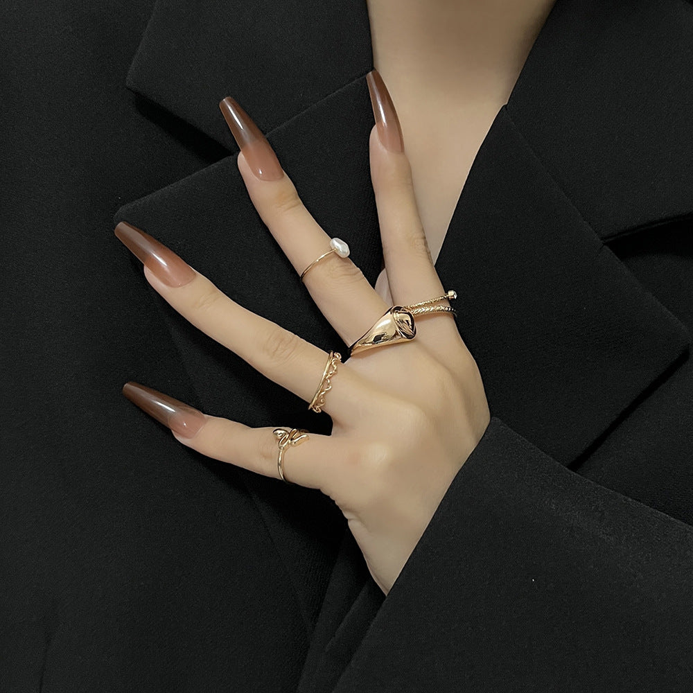 Minimalist Open Snake Ring with Hollow Heart and Pearl Inlay Alloy Plated Jewelry Set