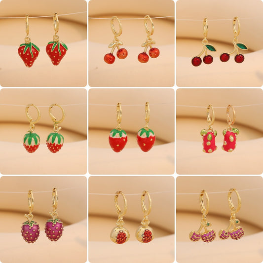Orecchini a forma di ciliegia e fragola, dolci e grintosi, da donna, in rame con finitura smaltata