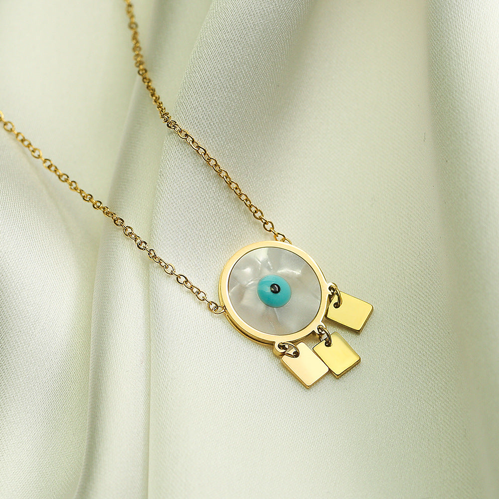 Minimalist Geometric Titanium Steel Evil Eye Pendant Necklace with Tassel for Women