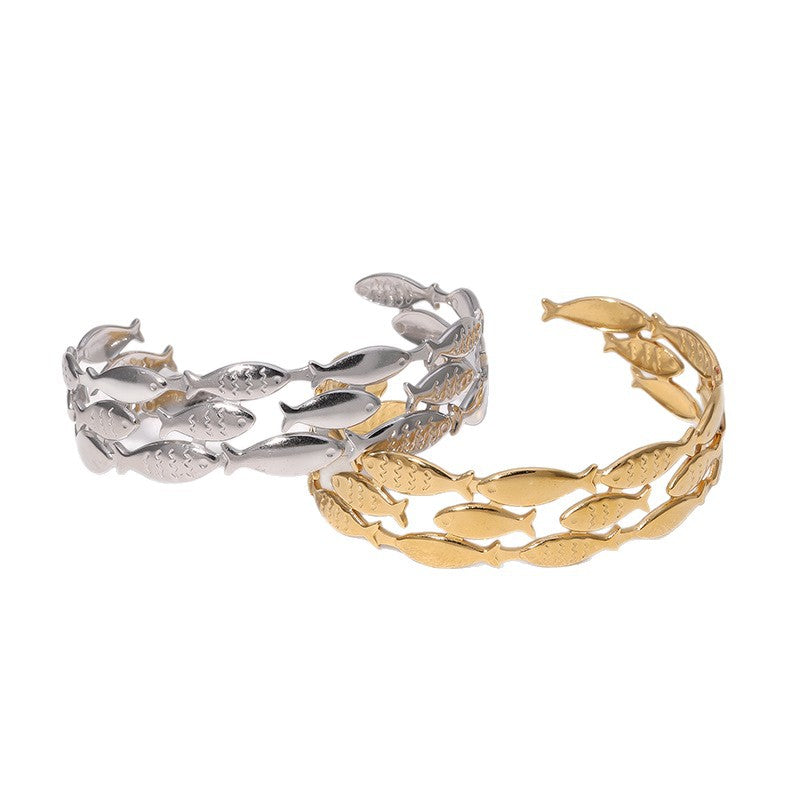Bracciale Minimalista da Donna in Acciaio Inossidabile a Forma di Pesce, Placcato Oro 18K, in Acciaio al Titanio