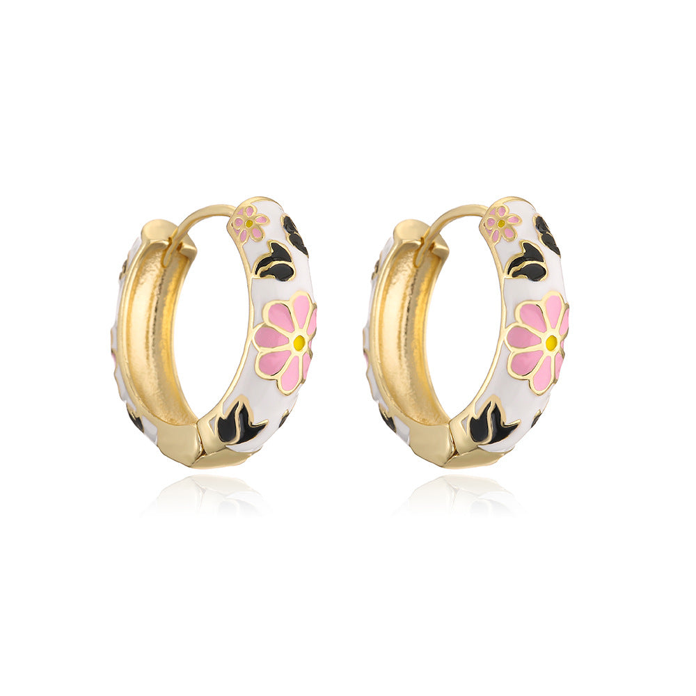 Minimalist Geometric Copper Hoop Earrings with 18K Gold Plating and Floral Enamel Accents for Women