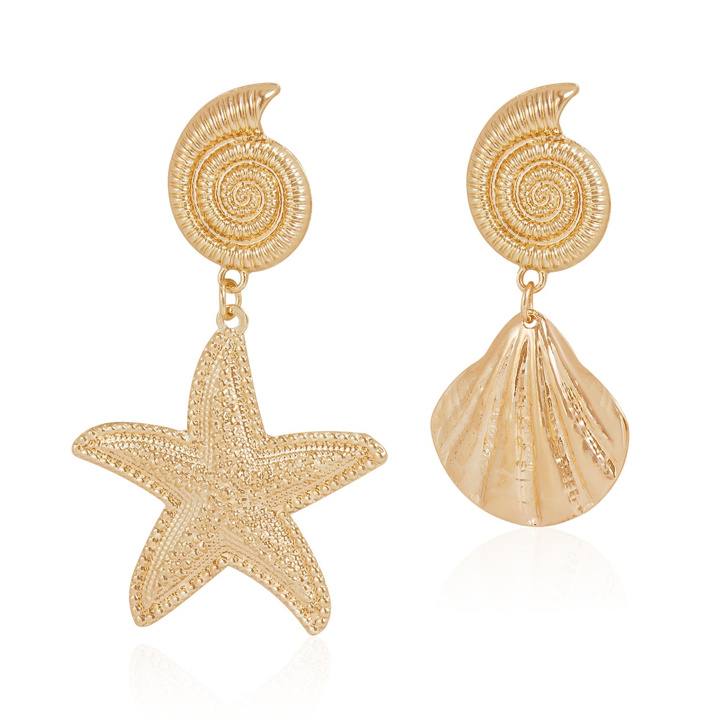Pendientes asimétricos vintage de estrella de mar y concha de mar en aleación de zinc con acabado galvanizado para mujer