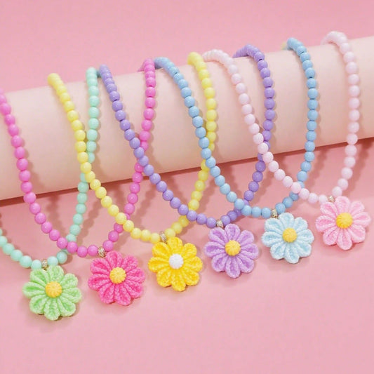Collar de Resina Floral de Dibujos Animados para Niñas con Colgante de Flor de Cuentas en Cadena de Cuentas Redondas, Regalo de Joyería Infantil Hecho a Mano