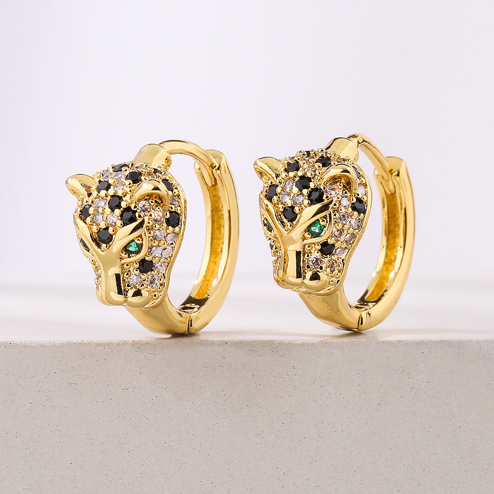 Fashionable Leopard-Shaped Geometric Earrings for Women with Copper Base Plated in Real Gold and Zircon Inlay