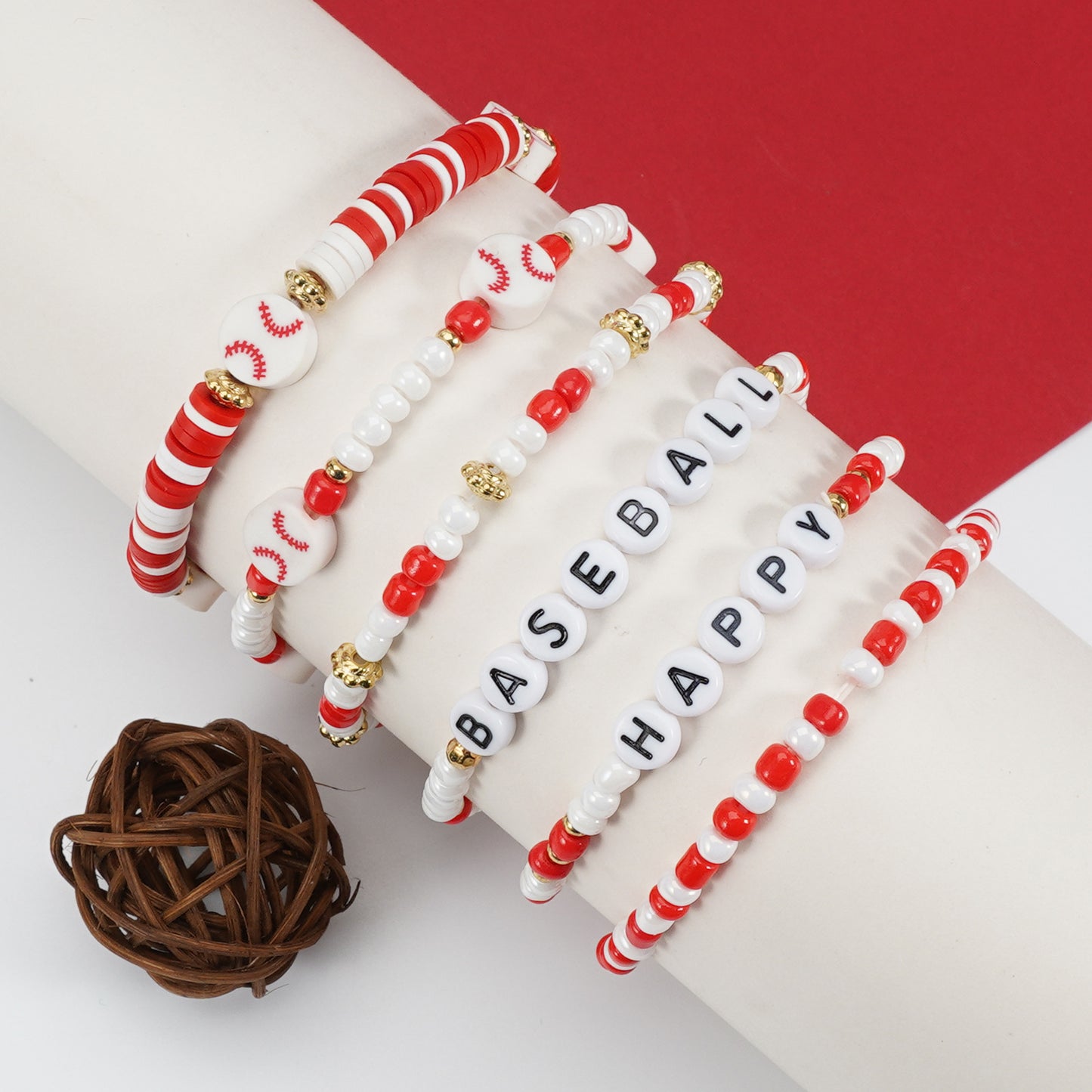 Bracciale elastico con perline, motivo palla sportiva, in vetro, rotondo, unisex