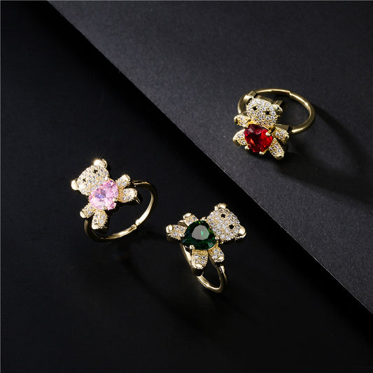 INS Style Adjustable Open Ring with Bear and Heart Motif in Copper with Micro-Pave Setting