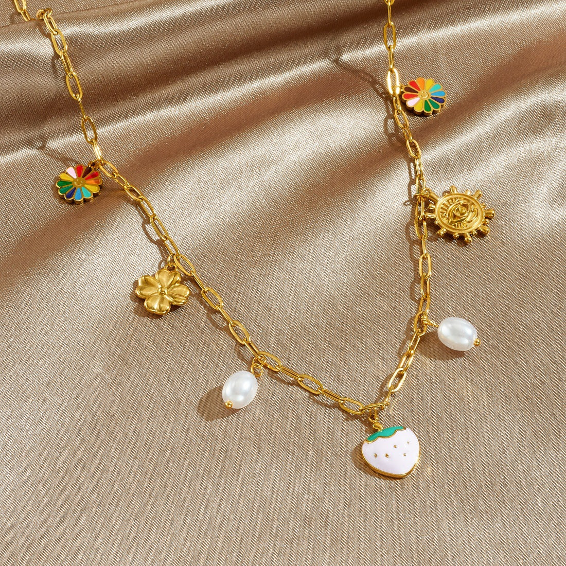 Pink Drip Oil Heart and Floral Stainless Steel Necklace with Imitation Pearl Curb Chain for Women
