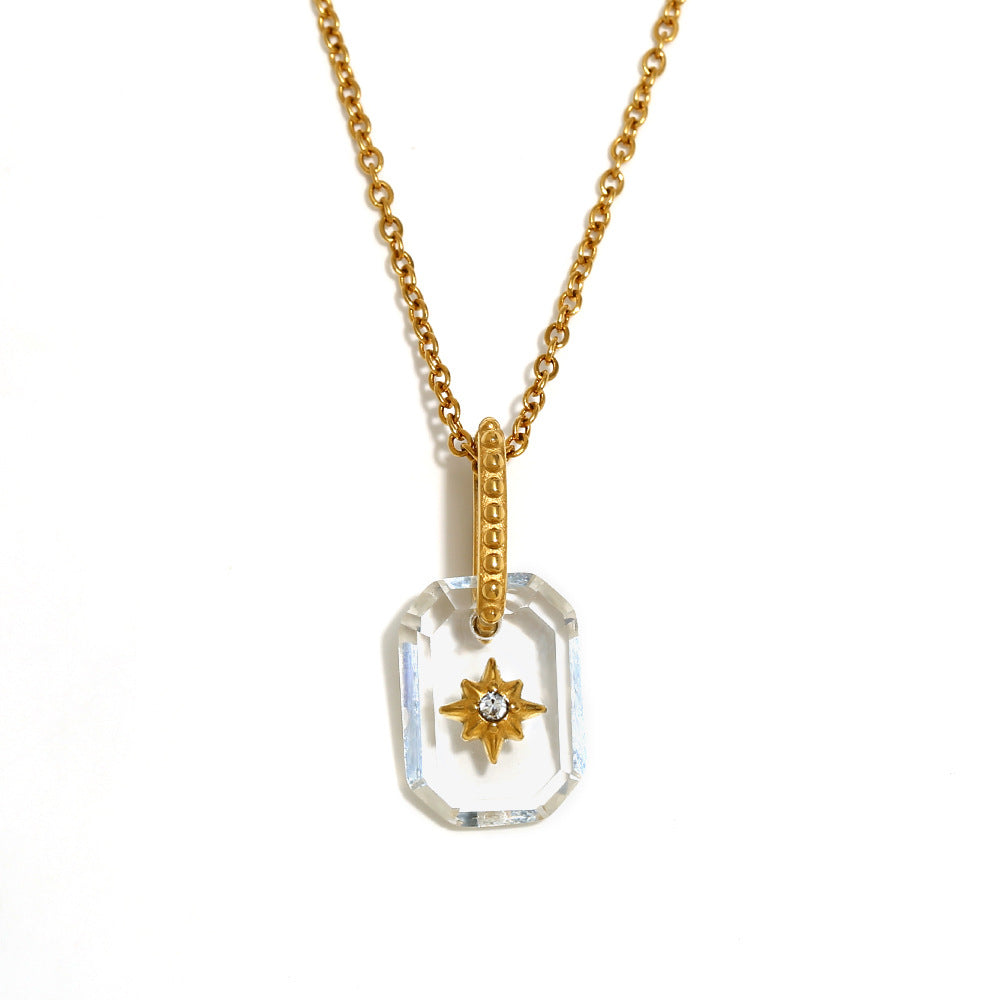 Minimalist Geometric Eight-Pointed Star Pendant Necklace for Women Stainless Steel with 18K Gold Plating and Acrylic Inlay