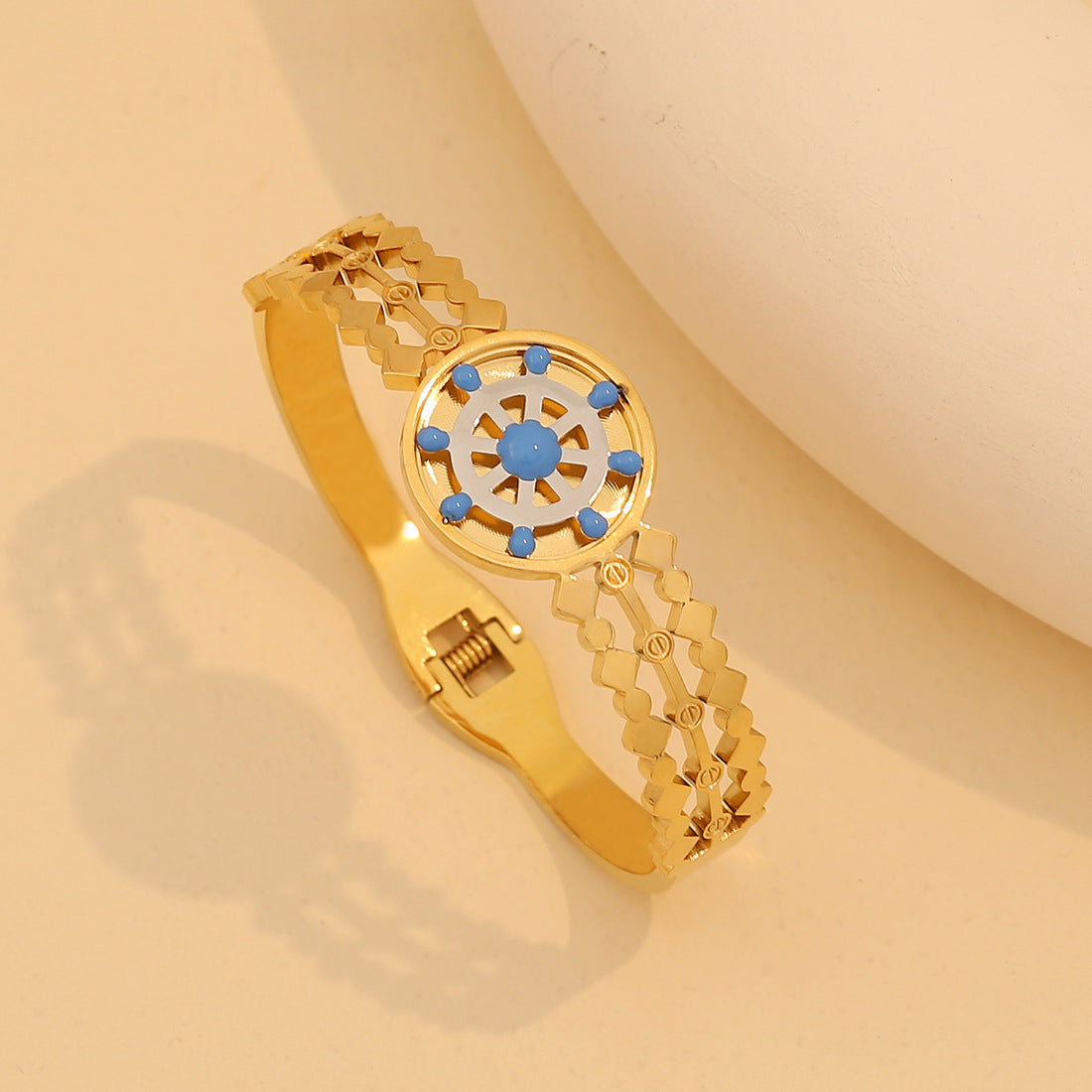 Bracciale rigido minimalista "Albero della Vita" con design floreale e ancora in acciaio inossidabile placcato oro