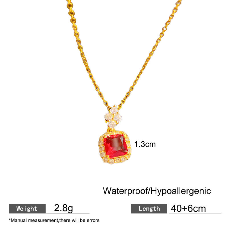 Sweet Colorful Cubic Zirconia Geometric Square Pendant Titanium Steel Necklace Cable Chain