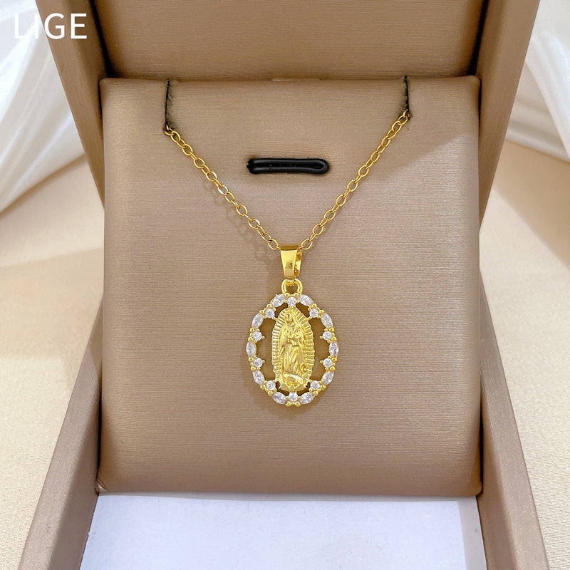 Sweet Minimalist Oval Geometric Rhinestone Pendant Titanium Steel Necklace for Unisex