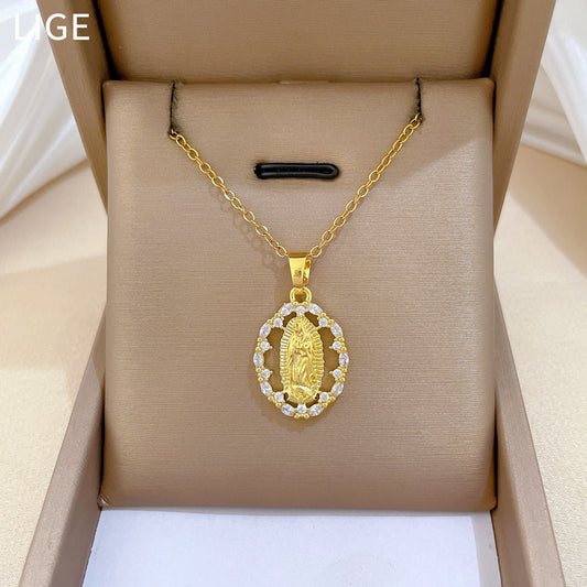 Sweet Minimalist Oval Geometric Rhinestone Pendant Titanium Steel Necklace for Unisex