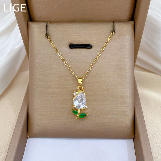 Collar de lujo de tulipán geométrico de titanio y acero para mujer con incrustaciones de pedrería, cadena ajustable de titanio y acero, elegante joya para clavícula