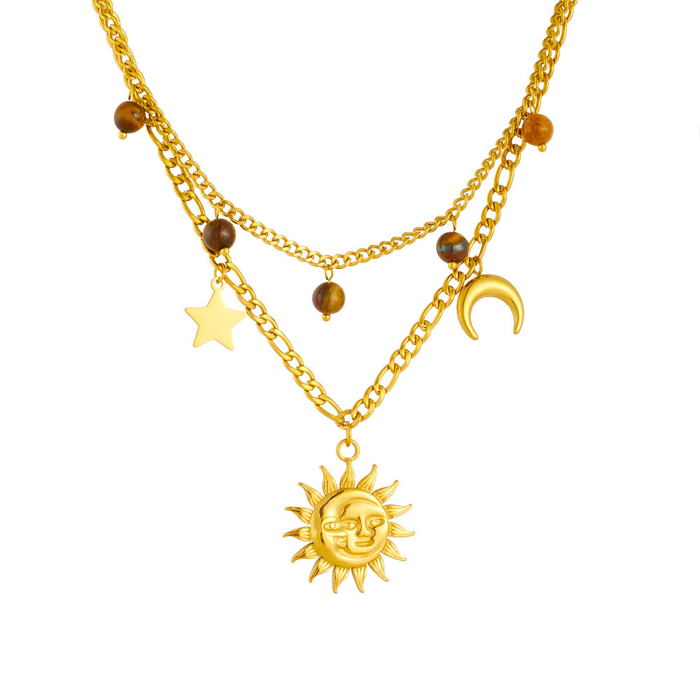 Vintage Gold Plated Stainless Steel Star Moon Face Pendant Necklace with Tiger's Eye Serpentine Chain