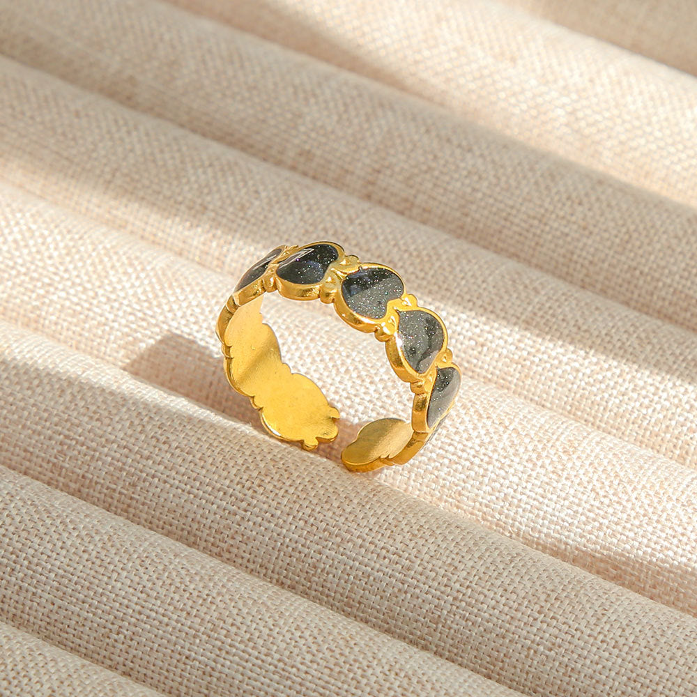 Anello Aperto Regolabile da Donna in Acciaio Inossidabile Stile INS Vintage, Geometrico e a Cuore, con Intarsio in Pietra Naturale, Elegante e Minimalista