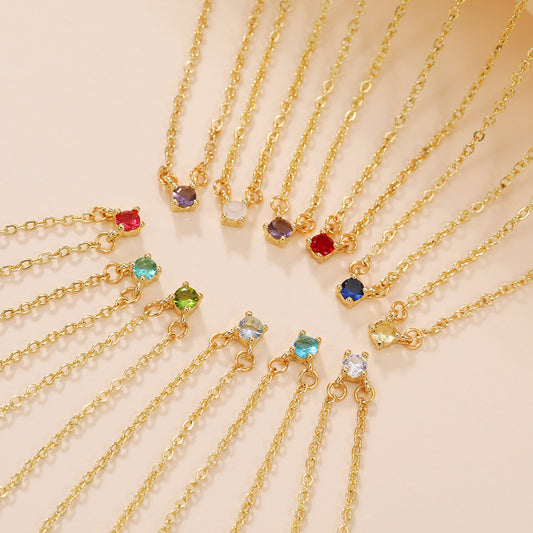Fashionable Gold-Plated Copper Birthstone Necklace with Amethyst Emerald Zircon Pendants for Women