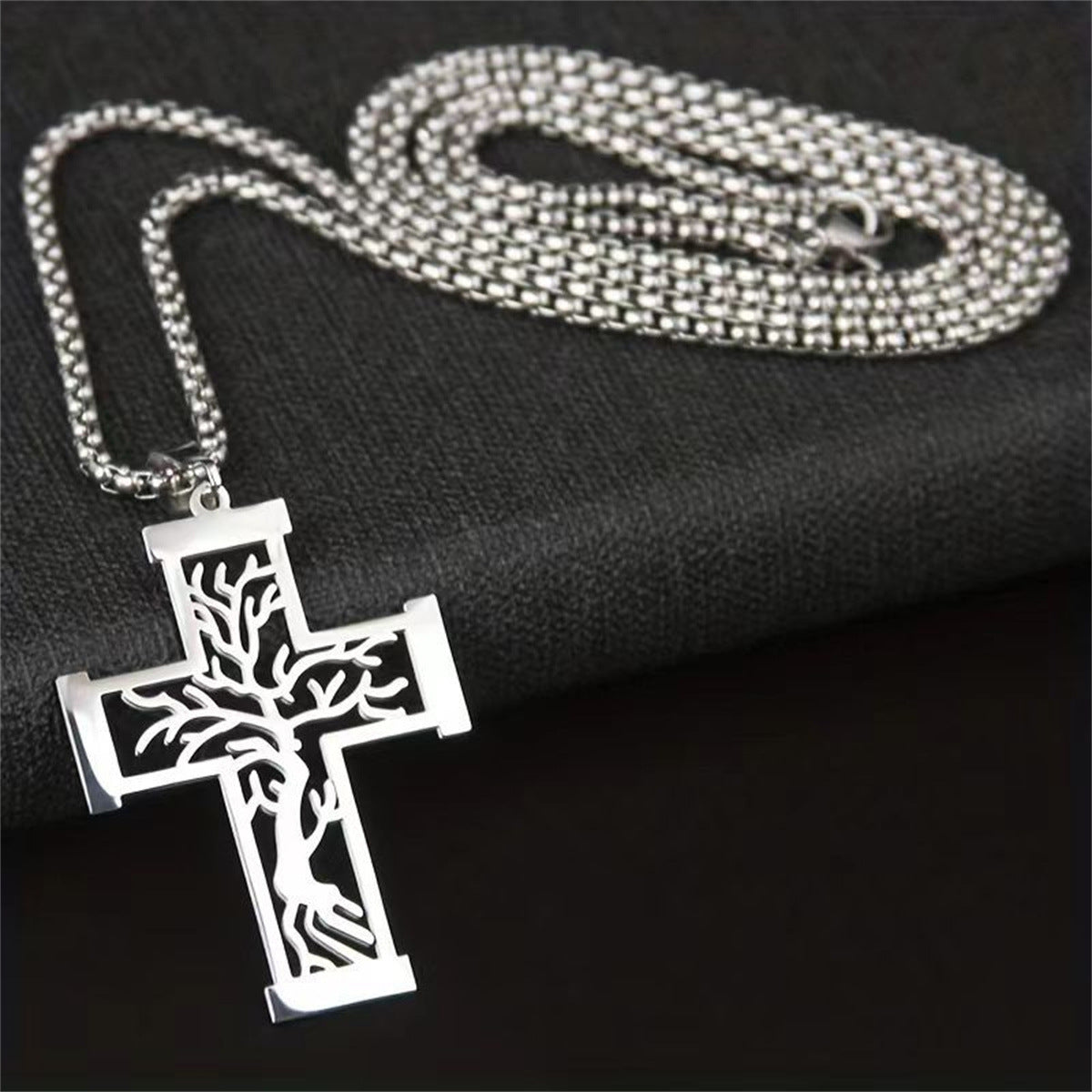 Minimalist Geometric Tree of Life Pendant Necklace in Stainless Steel with Polished Titanium Steel Charm on Standard Chain