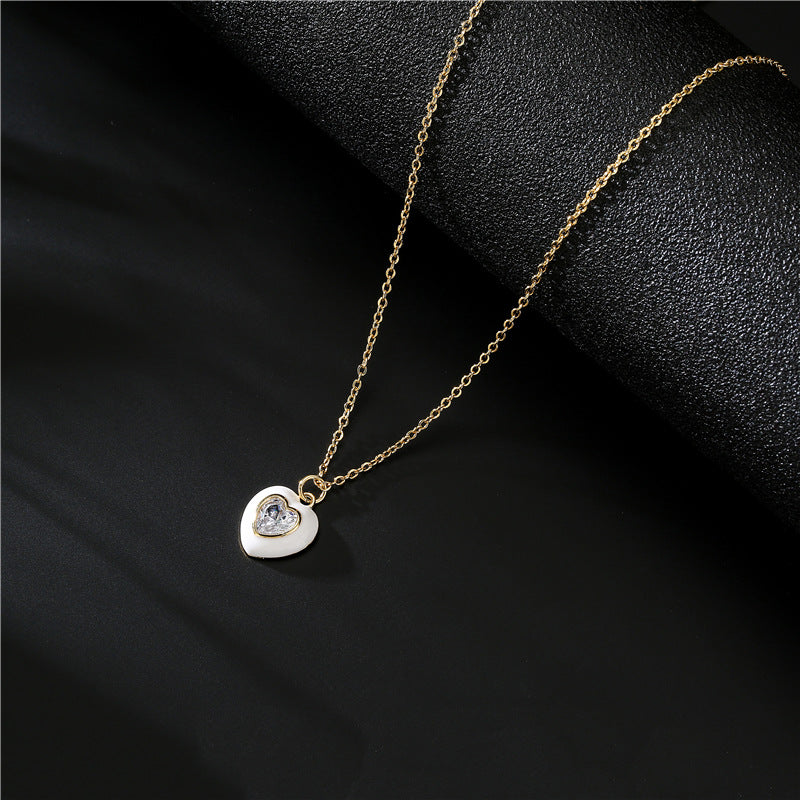 Elegant Heart Drip Oil Inlay Cubic Zirconia Brass Necklace for Women with Cable Chain